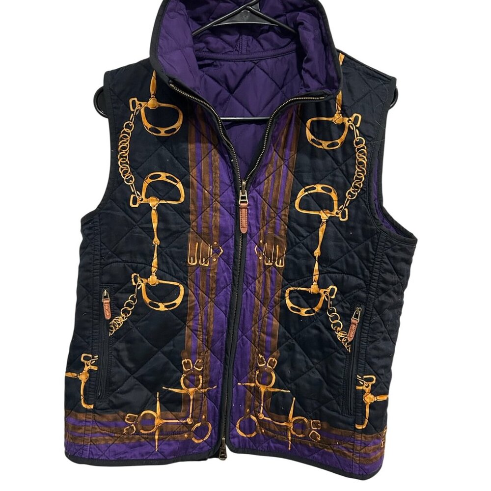 Ralph Lauren Black and Purple Quilted Vest with Gold Accents